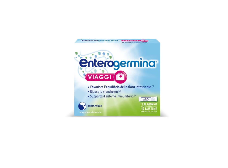 Enterogermina Viaggi, Integratore Alimentare Regolarità Intestinale con Probiotici Vitamina A, B12, B6, B9 e Vitamina D 12 bustine
