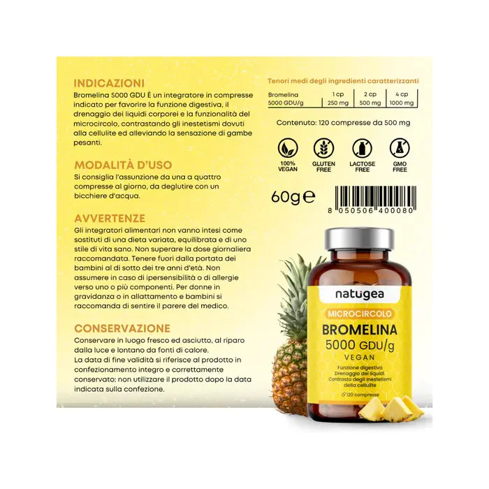Natugea Bromelina Forte Drenante 5000 GDU/g Vegana Detox Anticellulite 120 Compresse - Image 6