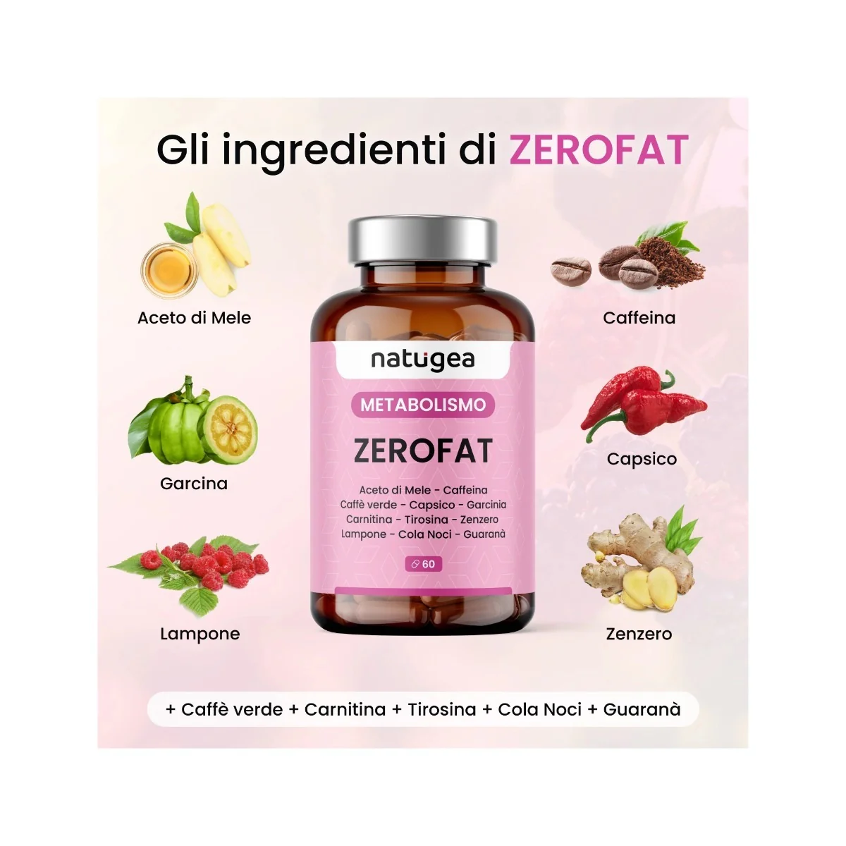 Natugea Brucia Grassi ZEROFAT con 11 attivi: Carnitina, Guarana, Garcinia Cambogia, Caffeina 60 Capsule - Image 5